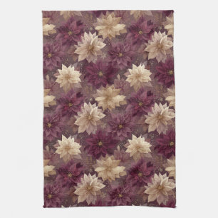 Burgundy Poinsettia Christmas Pattern (6) Tea Towel