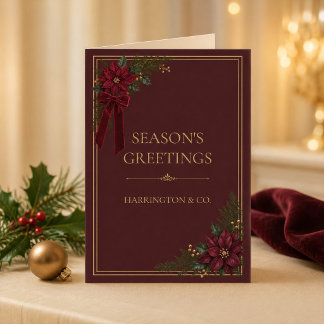 Burgundy Poinsettia Folded Corporate Holiday Card
