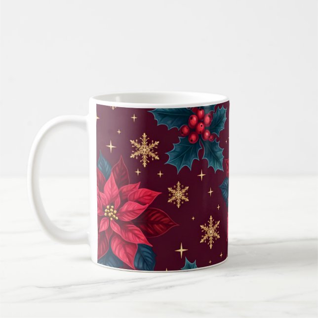 Burgundy Poinsettia & Gold Snowflake  Coffee Mug (Left)