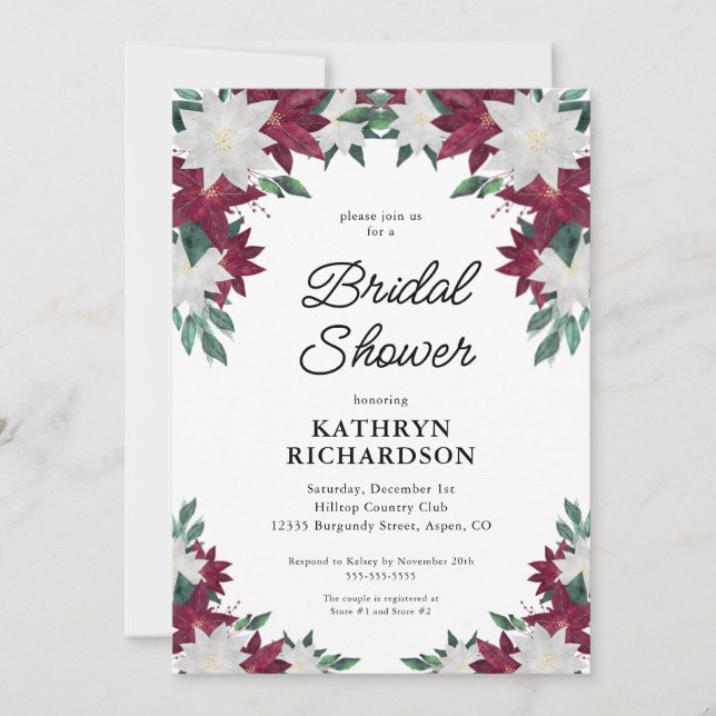 Burgundy Poinsettias Christmas Bridal Shower Invitation (Front)