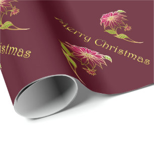Burgundy Poinsettias Christmas Wrapping Paper