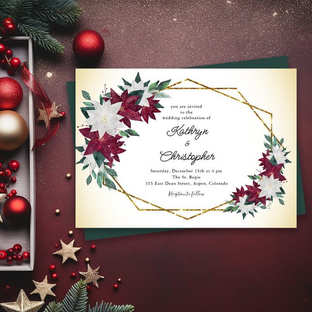 Burgundy Poinsettias Gold Frame Christmas Wedding Invitation (Creator Uploaded)