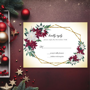 Burgundy Poinsettias Gold Frame Christmas Wedding RSVP Card