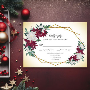 Burgundy Poinsettias Gold Frame Christmas Wedding RSVP Card