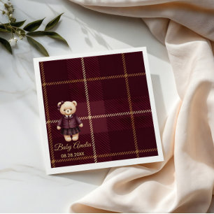 burgundy Polo Teddy Bear Preppy Plaid Baby Shower  Napkin