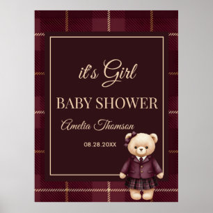 burgundy Polo Teddy Bear Preppy Plaid Baby Shower  Poster