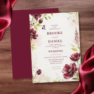Burgundy Poppy Peony Foxglove Wedding Invitation