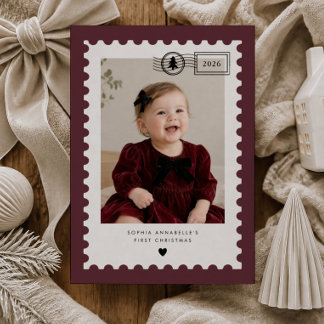 Burgundy Postage Stamp Baby's 1st Christmas Photo Holiday Card