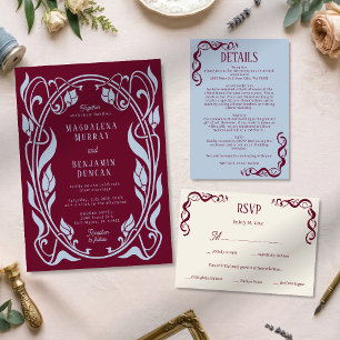 Burgundy & Powder Blue Art Nouveau Elegant Wedding Invitation