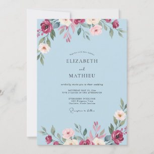 Burgundy Powder Blue Foliage Eucalyptus Wedding Invitation
