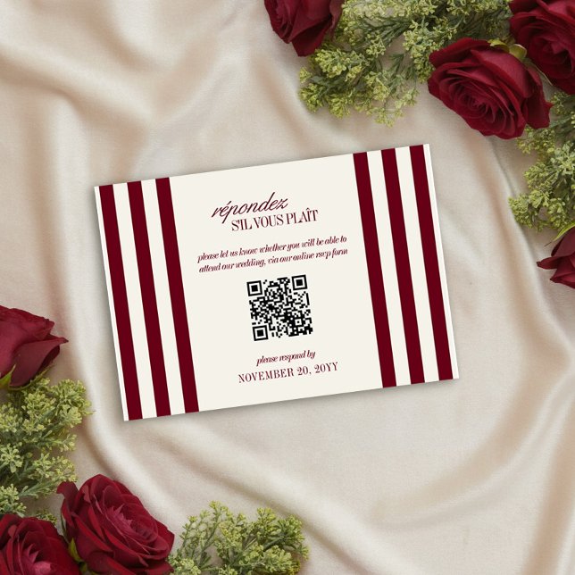 Burgundy Preppy Stripe Wedding QR Code RSVP Card (QR Code RSVP Card from the Burgundy Stripe Old Money Wedding Collection by Darling & May)