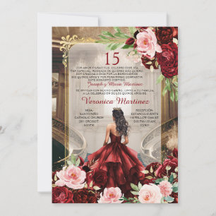 Burgundy Princess Palace Dress Pink Floral 15 Años Invitation