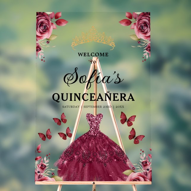 Burgundy Princess Quinceañera Birthday Welcome  Acrylic Sign (Neutral)