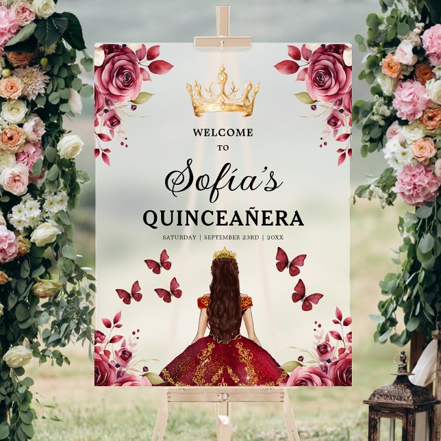 Burgundy Princess Quinceañera Birthday Welcome  Acrylic Sign (Creator Uploaded)