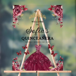 Burgundy Princess Quinceañera Birthday Welcome  Acrylic Sign