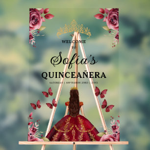 Burgundy Princess Quinceañera Birthday Welcome  Acrylic Sign
