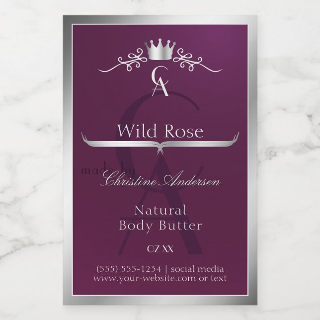Burgundy Product Label with Silver Frame Monogram (Single Label)