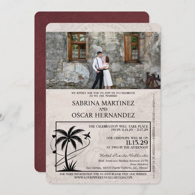 Burgundy Puerta Vallarta Passport Wedding Invitation (Front/Back)