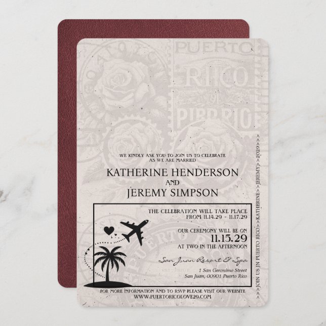 Burgundy Puerto Rico Passport Wedding Invitation (Front/Back)