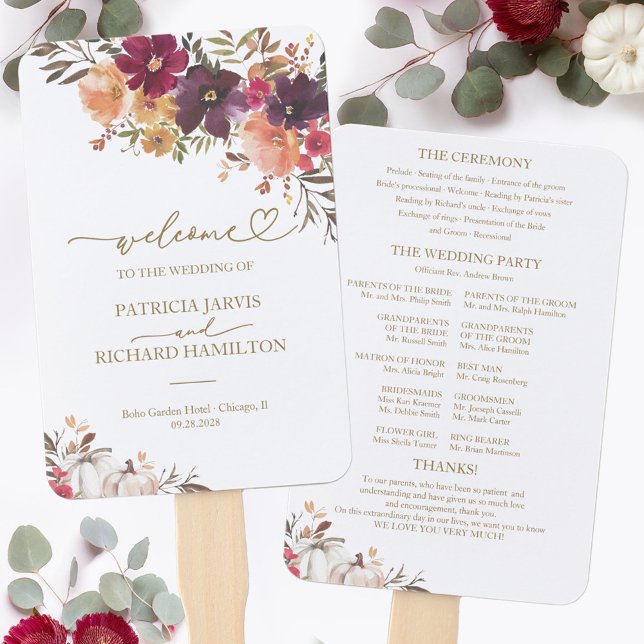 Burgundy Pumpkin Autumn Wedding Ceremony Program Hand Fan (Creator Uploaded)