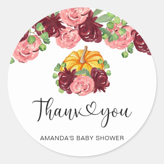 Burgundy pumpkin baby shower, thank you classic round sticker (Front)