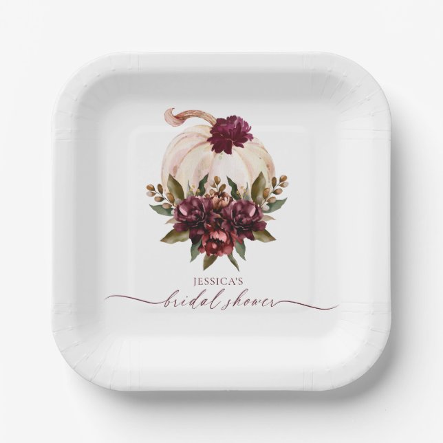 Burgundy Pumpkin Fall in Love Bridal Shower Invite Paper Plate (Front)