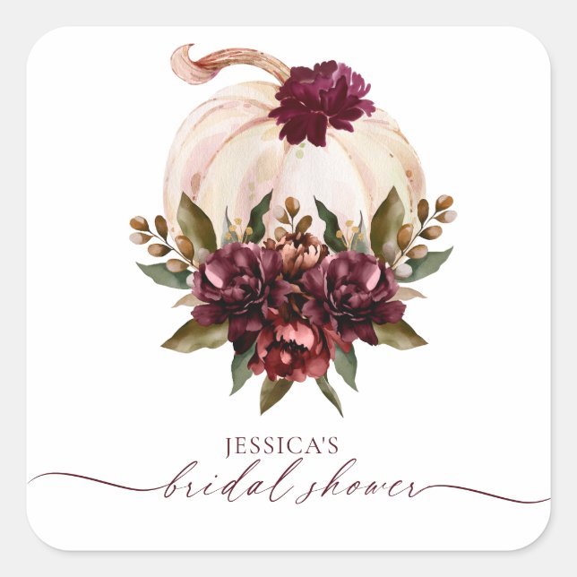 Burgundy Pumpkin Fall in Love Bridal Shower Invite Square Sticker (Front)