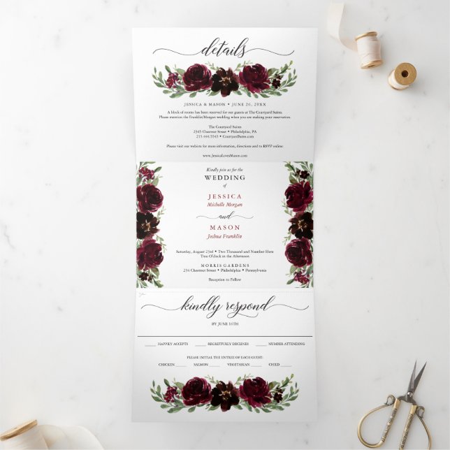 Burgundy Pumpkin Fall Wedding Tri-Fold Invitations (Inside)