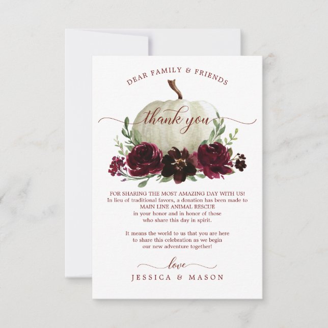 Burgundy Pumpkin In Lieu of Favours Place Card (Front)