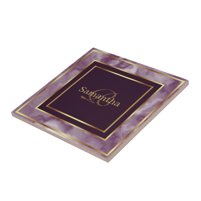 Burgundy Purple And Gold Geometric Marble Ceramic Tile (Side)