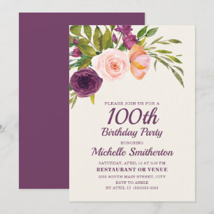Burgundy Purple Blush Pink Floral 100th Birthday Card