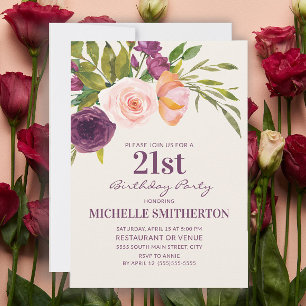 Burgundy Purple Blush Pink Floral 21st Birthday Invitation