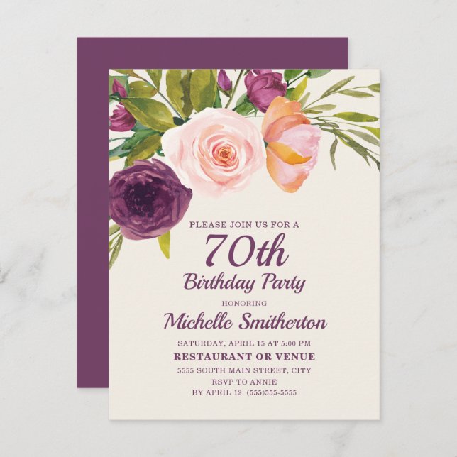 Burgundy Purple Blush Pink Floral 70th Birthday Card (Front/Back)