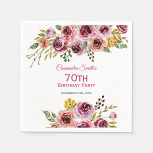 Burgundy Purple Brown Rose Rustic Floral Birthday Napkin