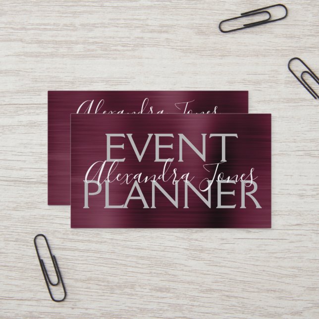 Burgundy Purple Brushed Metal Event Planner Business Card (Front/Back In Situ)