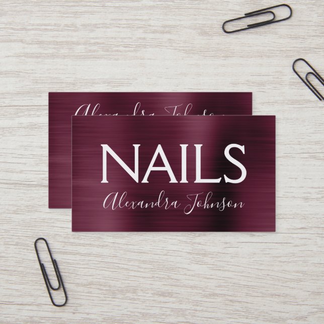 Burgundy Purple Brushed Metal Nail Salon Business Card (Front/Back In Situ)