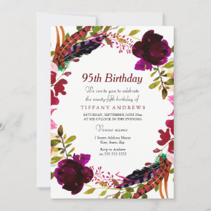Burgundy Purple Floral 95th Birthday Party Invite