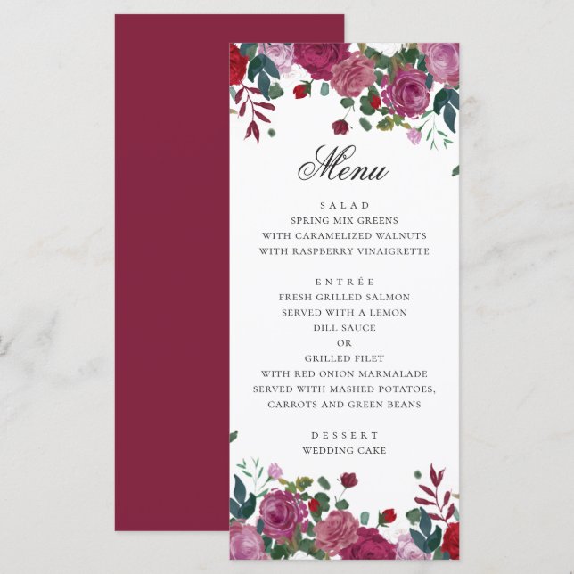 Burgundy purple floral garden wedding. Plum roses Menu (Front/Back)