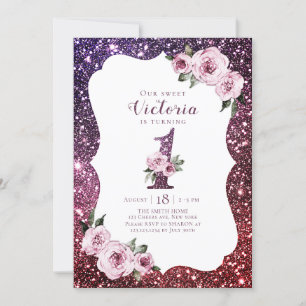 Burgundy purple glitter and floral 1st birthday invitation
