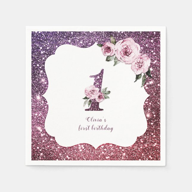 Burgundy purple  glitter and floral 1st birthday napkin (Front)