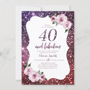 Burgundy purple glitter and floral 40th birthday invitation