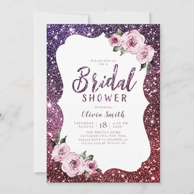 Burgundy purple glitter floral bridal shower invitation (Front)