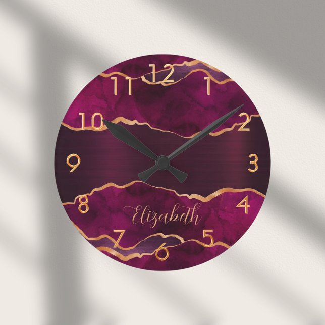 Burgundy purple gold agate marble name round clock (Creator Uploaded)