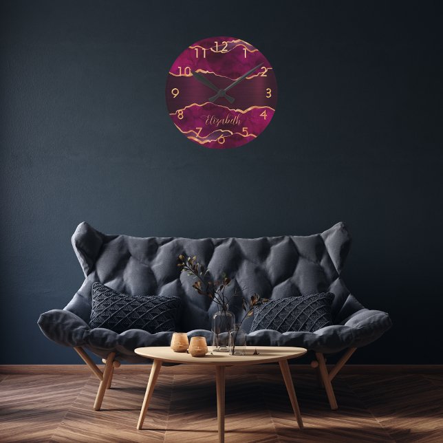 Burgundy purple gold agate marble name round clock (Creator Uploaded)
