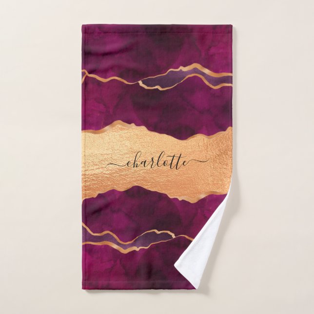 Burgundy purple gold agate marble rose gold name bath towel set (Hand Towel)