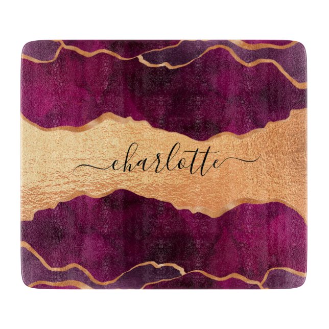 Burgundy purple gold agate marble rose gold name cutting board (Front)