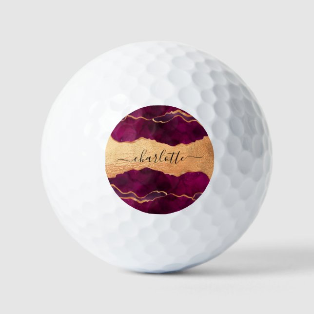 Burgundy purple gold agate marble rose gold name golf balls (Front)