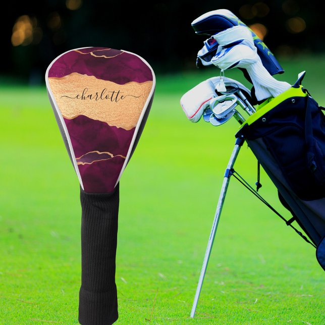 Burgundy purple gold agate marble rose gold name golf head cover (Creator Uploaded)