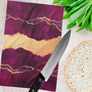 Burgundy purple gold agate marble rose gold tea towel