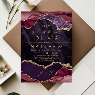 Burgundy, Purple & Gold Agate Wedding Invitation